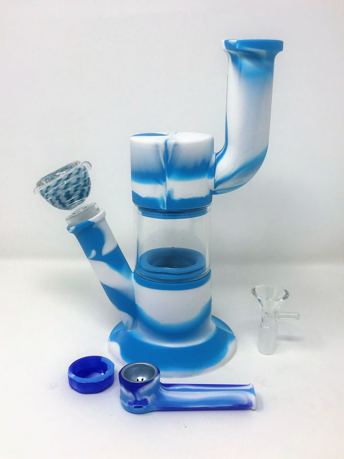 Silicone Detachable 9" Bong w/Glass 2-14mm Bowls Silicone inline Perc Hand Pipe