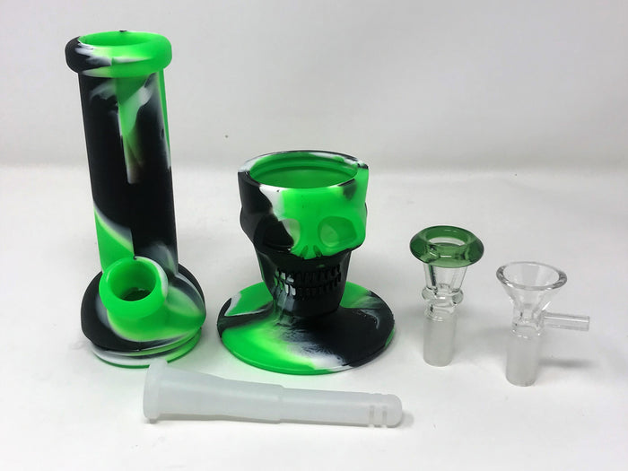 Silicone Detachable Unbreakable 8" Skull Bong 2 - 14MM Male Bowls