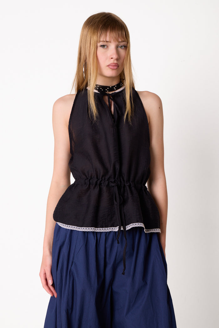 Sleeveless lightweight top with drawstring waist detail wholesale