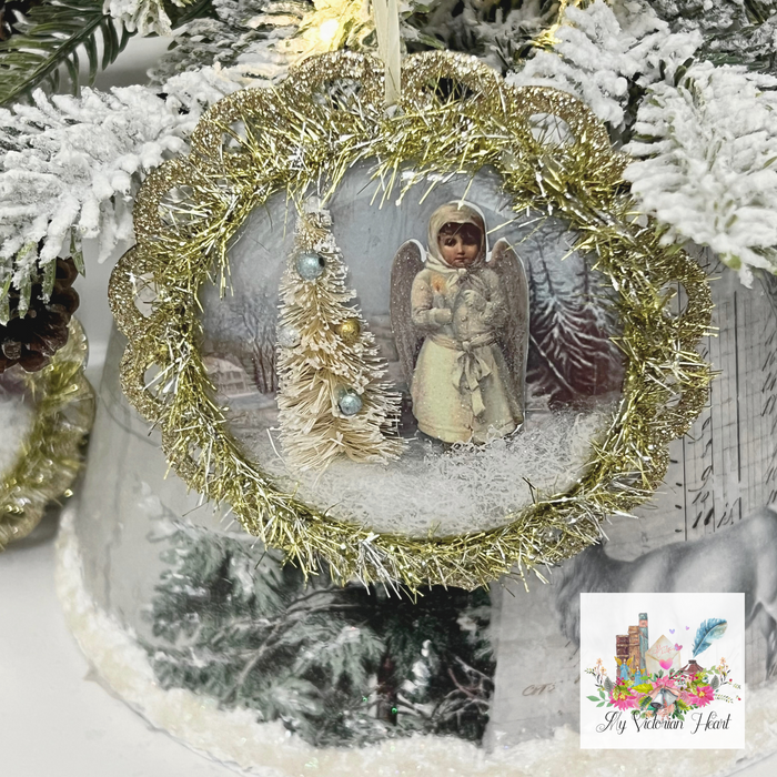 Victorian Snow Angel Emma Ornament with Bottle Brush Tree Close up