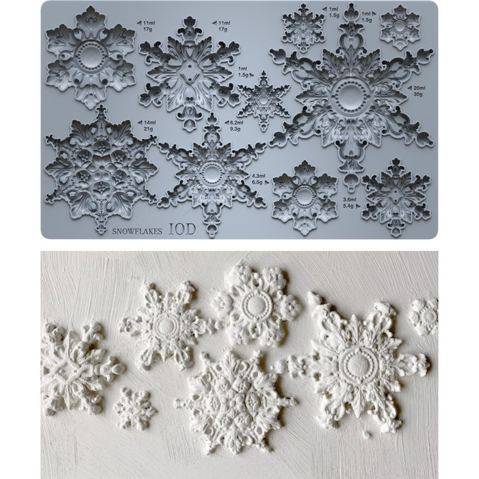 A 10D snowflake craft mold sheet shown in two views: the top shows the gray plastic mold with labeled snowflake cavities, and the bottom shows several white embossed snowflake decorations pressed into the mold.