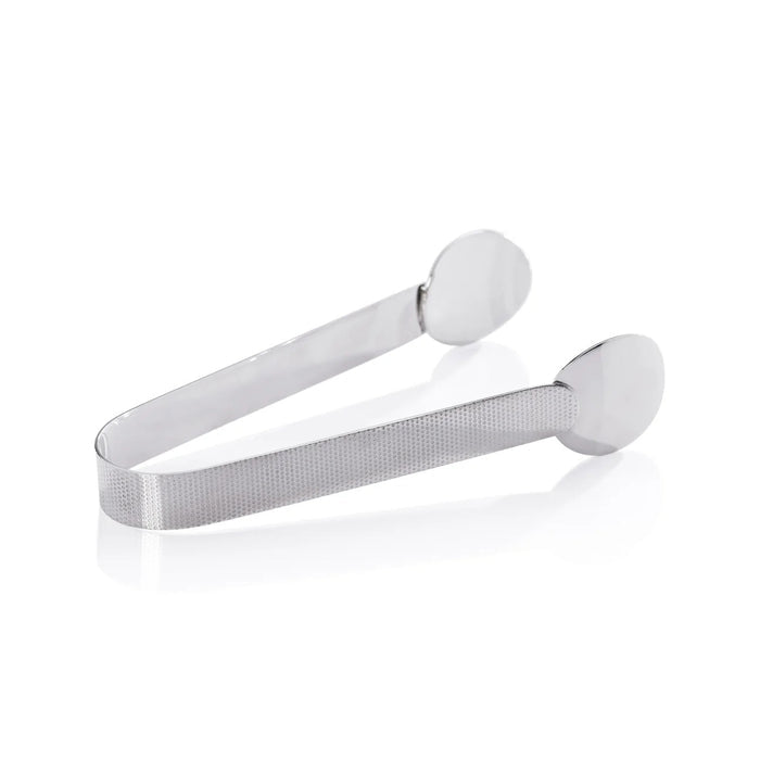 The ZODAX SPIGA TEXTURED ICE TONGS NICKEL, featuring flat, rounded ends and a textured grip, are 7-inch stainless steel tongs made from durable alloy material, shown resting on a white surface.