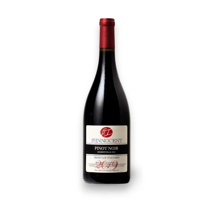 A bottle of ST. INNOCENT 'MOMTAZI' PINOT NOIR 2019, featuring a distinctive red cap and label with the brand WINE: WINEBOW, showing its Willamette Valley, Oregon origin against a plain white backdrop.