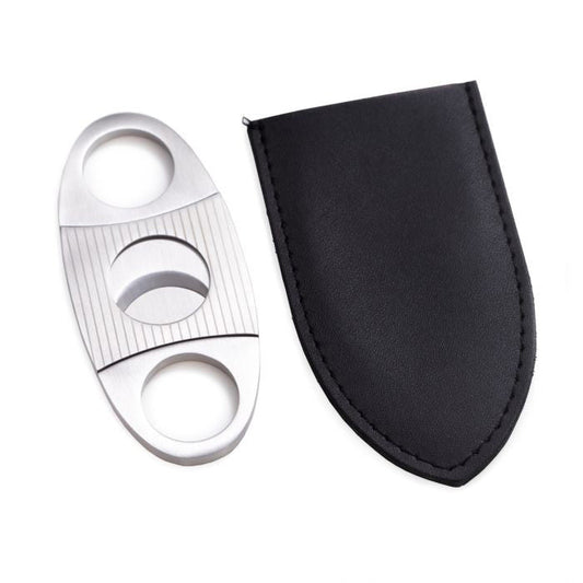 The BEYBERK INTERNATIONAL STAINLESS STEEL CIGAR CUTTER WITH POUCH features dual blades and finger holes, displayed atop its black pouch against a white background.