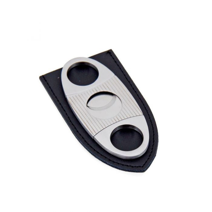 The BEYBERK INTERNATIONAL STAINLESS STEEL CIGAR CUTTER features double finger holes and a central blade opening, shown beside its sleek black leather pouch.