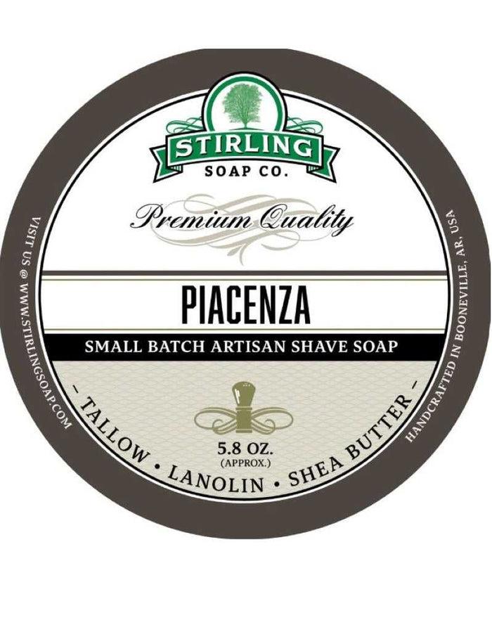 Stirling Piacenza shaving soap label with citrus, musk, and floral scent details