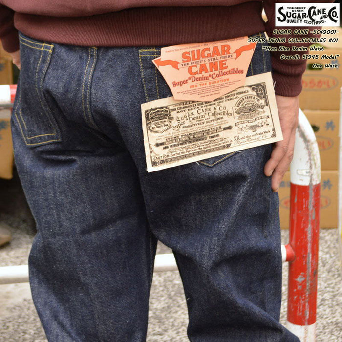 SUGAR CANE "SC49001" Super “Denim” Collectibles #01 14oz. BLUE DENIM WAIST OVERALLS S1945 MODEL