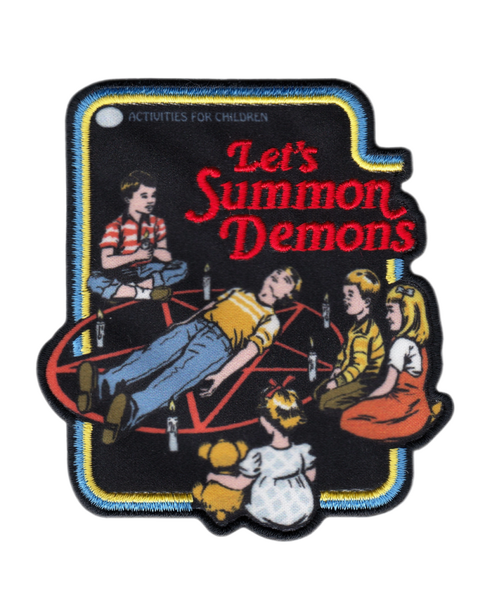 Let's summon demons, dark humor acivities for kids Stephen Rhodes design iron on patch from Square Deal Recordings sold by Le Monkey House