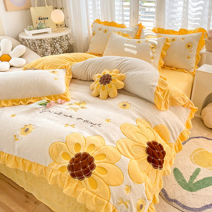 Sunflower Pattern Coral Fleece Duvet Cover