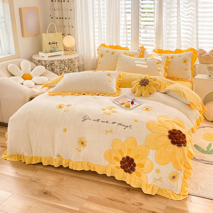 Sunflower Pattern Coral Fleece Duvet Cover