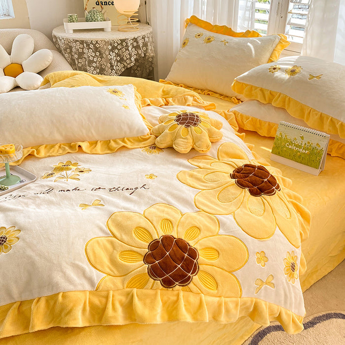 Sunflower Pattern Coral Fleece Duvet Cover
