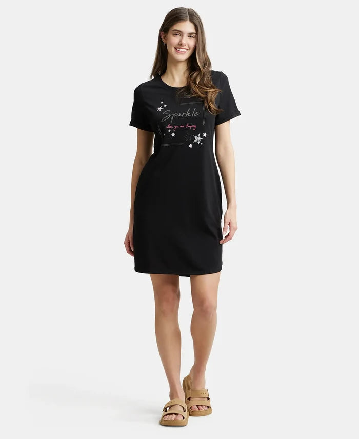 Super Combed Cotton Curved Hem Styled Half Sleeve Printed Sleep Dress with Side Pockets - Black-4
