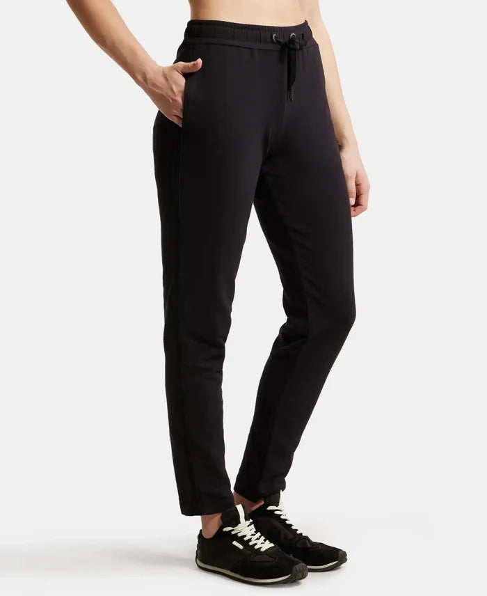 Super Combed Cotton Elastane Stretch French Terry Straight Fit Trackpants with Side Pockets - Black