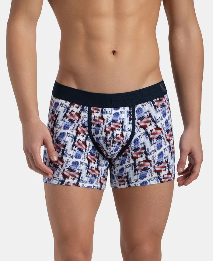 Super Combed Cotton Elastane Stretch Printed Trunk with Ultrasoft Waistband - White & Navy