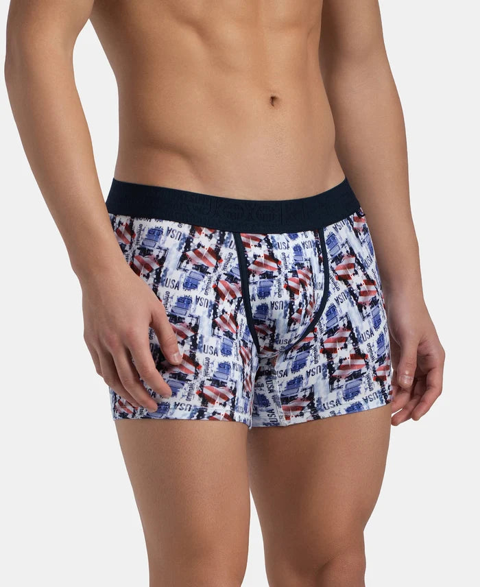 Super Combed Cotton Elastane Stretch Printed Trunk with Ultrasoft Waistband - White & Navy