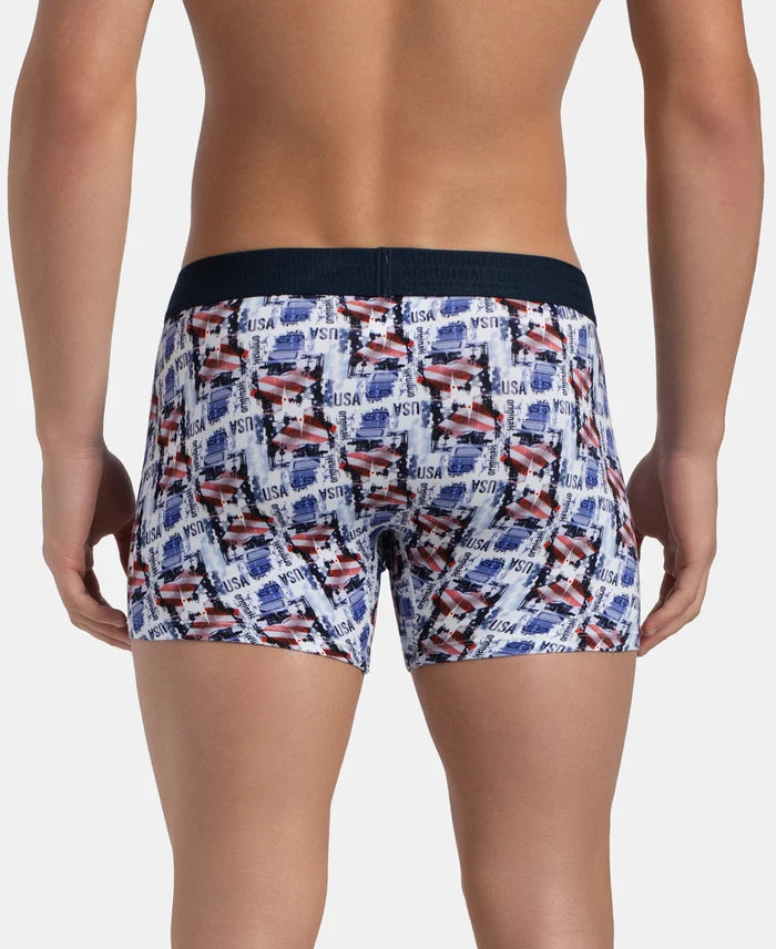 Super Combed Cotton Elastane Stretch Printed Trunk with Ultrasoft Waistband - White & Navy