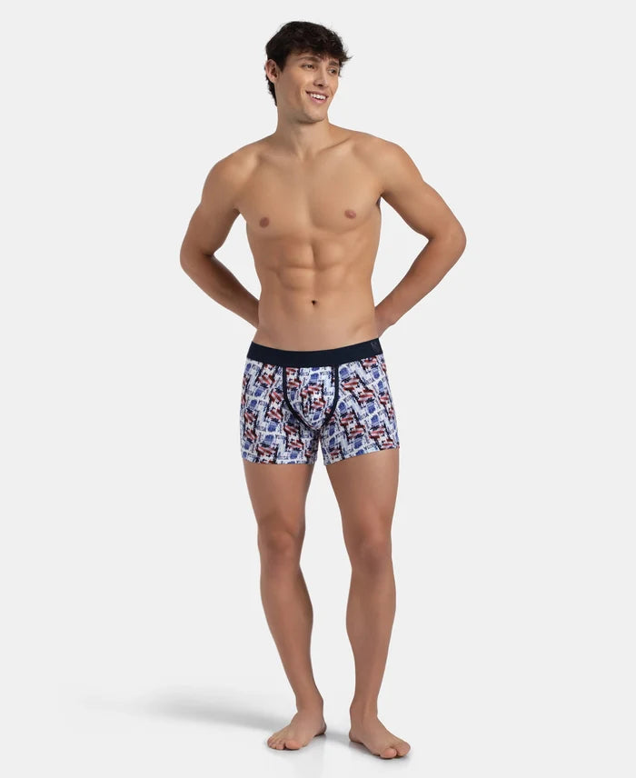 Super Combed Cotton Elastane Stretch Printed Trunk with Ultrasoft Waistband - White & Navy