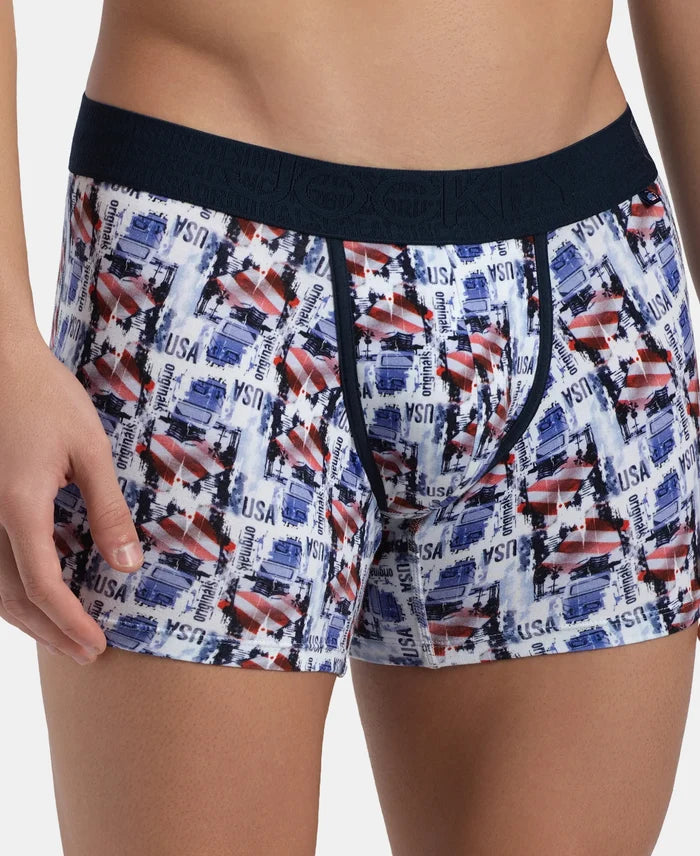 Super Combed Cotton Elastane Stretch Printed Trunk with Ultrasoft Waistband - White & Navy