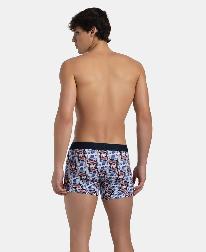 Super Combed Cotton Elastane Stretch Printed Trunk with Ultrasoft Waistband - White & Navy