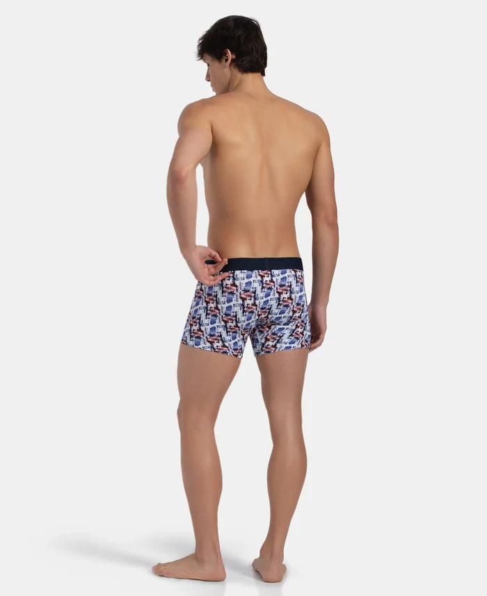 Super Combed Cotton Elastane Stretch Printed Trunk with Ultrasoft Waistband - White & Navy