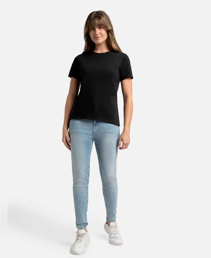 Super Combed Cotton Elastane Stretch Regular Fit Solid Round Neck Half Sleeve T-Shirt - Black-4