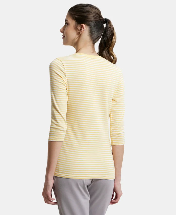 Super Combed Cotton Elastane Slim Fit Striped Round Neck Three Quarter Sleeve T-Shirt - Banana Cream & White-3