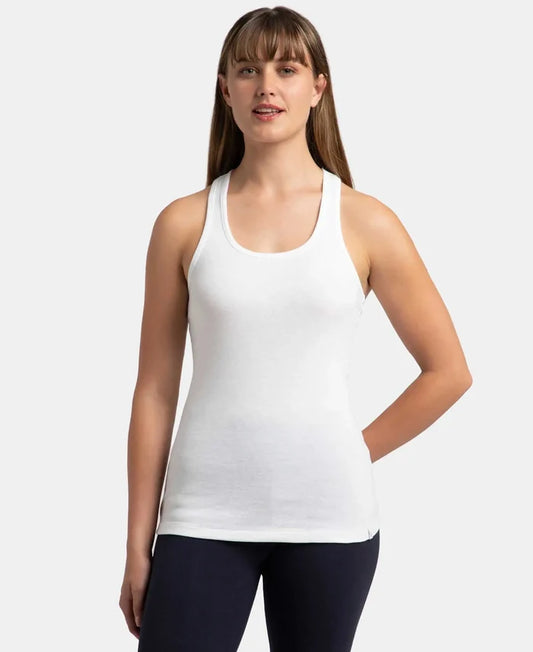 Super Combed Cotton Rib Fabric Slim Fit Solid Racerback Styled Tank Top - White-1