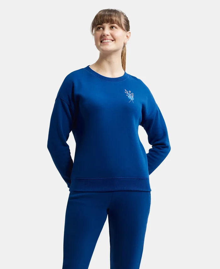 Super Combed Cotton Rich Fleece Fabric Printed Sweatshirt with Drop Shoulder Styling - Navy Peony-6