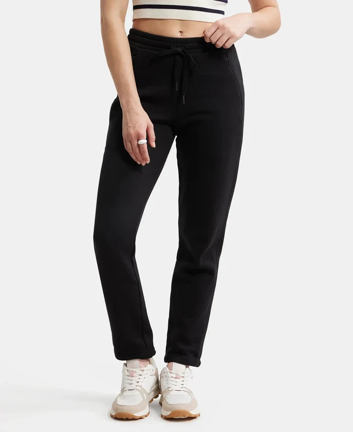 Super Combed Cotton Rich Fleece Fabric Straight Fit Trackpants with Zipper Pockets - Black