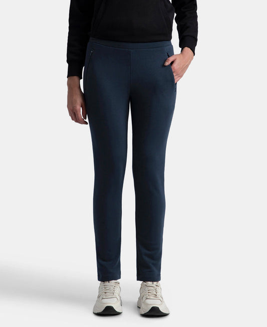 Super Combed Cotton Rich Fleece Fabric Straight Fit Trackpants with Zipper Pockets - Navy