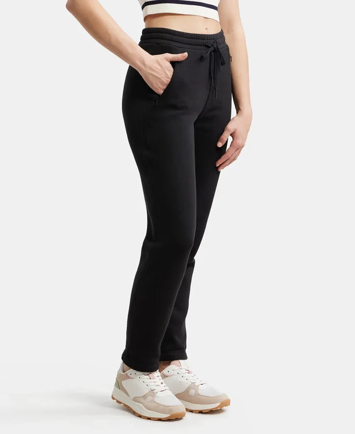 Super Combed Cotton Rich Fleece Fabric Straight Fit Trackpants with Zipper Pockets - Black