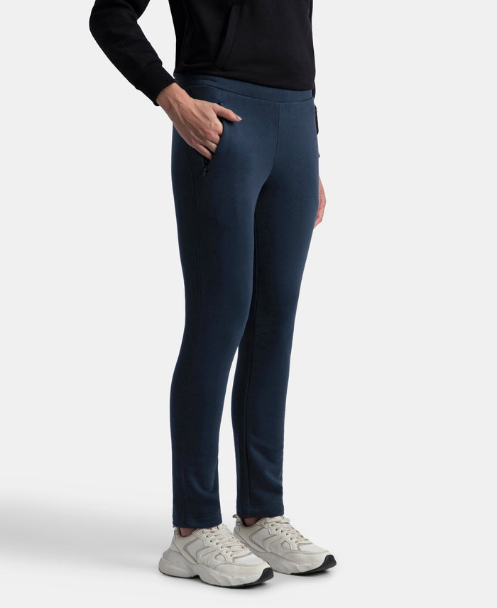 Super Combed Cotton Rich Fleece Fabric Straight Fit Trackpants with Zipper Pockets - Navy