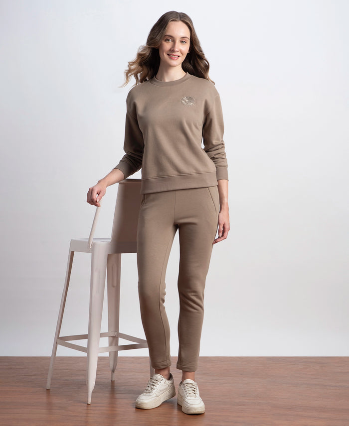 Super Combed Cotton Rich Fleece Fabric Straight Fit Trackpants with Zipper Pockets - Desert Taupe