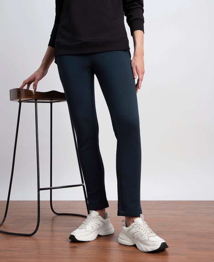 Super Combed Cotton Rich Fleece Fabric Straight Fit Trackpants with Zipper Pockets - Navy