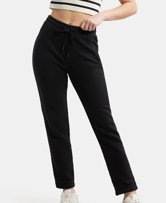 Super Combed Cotton Rich Fleece Fabric Straight Fit Trackpants with Zipper Pockets - Black