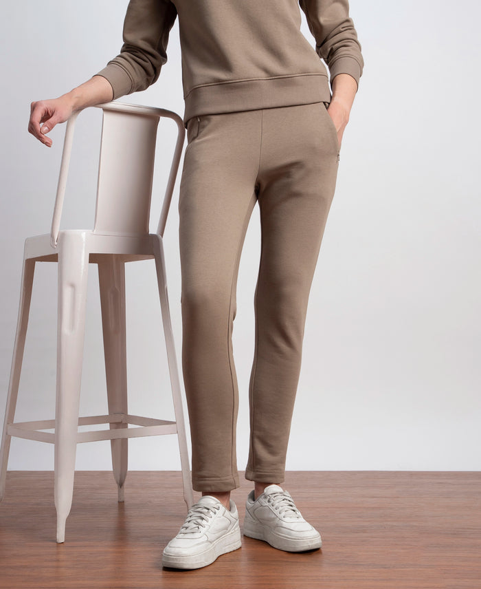 Super Combed Cotton Rich Fleece Fabric Straight Fit Trackpants with Zipper Pockets - Desert Taupe