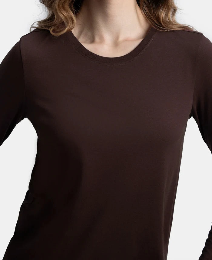 Super Combed Cotton Rich Relaxed Fit Solid Round Neck Full Sleeve T-Shirt - Puce
