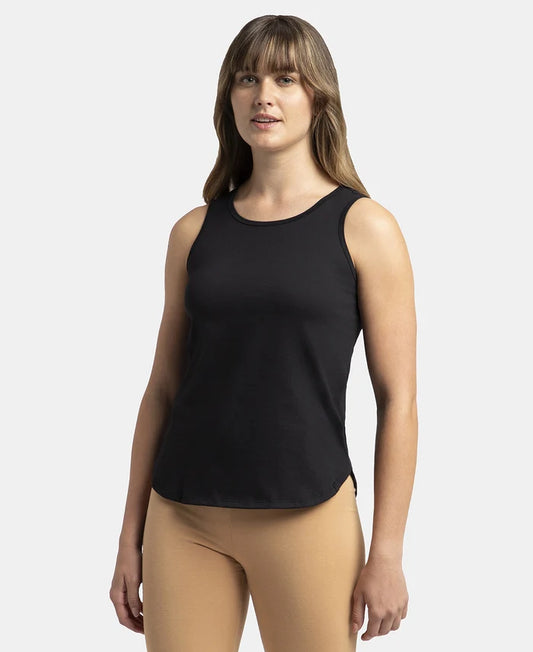 Super Combed Cotton Rich Solid Curved Hem Styled Tank Top - Black