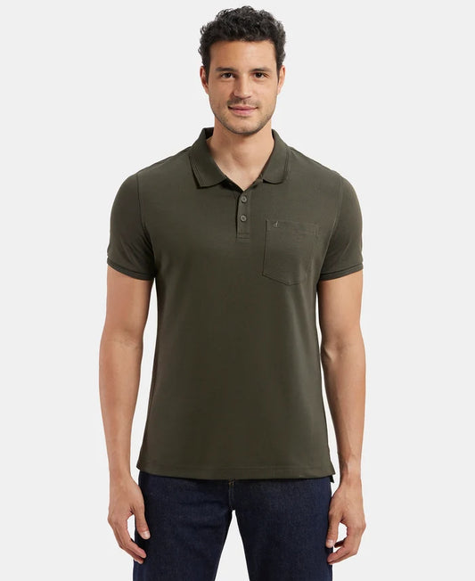 Super Combed Cotton Rich Solid Half Sleeve Polo T-Shirt with Chest Pocket - Olive