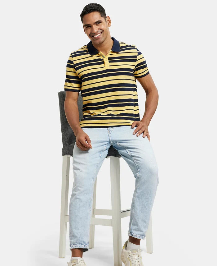 Super Combed Cotton Rich Striped Polo T-Shirt - Corn Silk & Navy