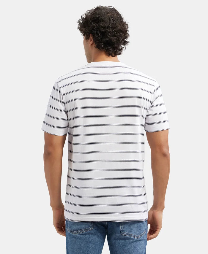 Super Combed Cotton Rich Striped Round Neck Half Sleeve T-Shirt - White & Navy