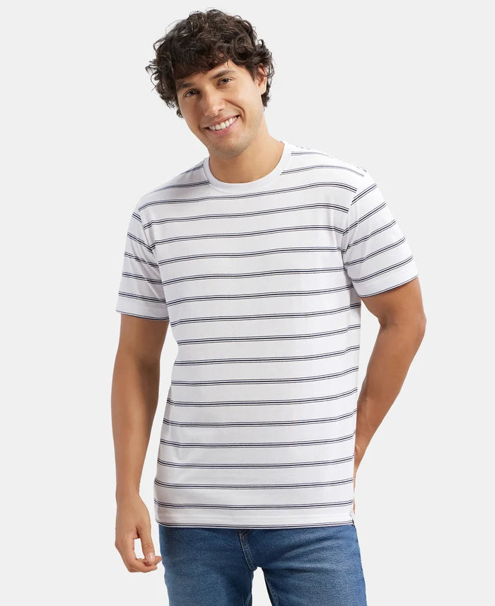 Super Combed Cotton Rich Striped Round Neck Half Sleeve T-Shirt - White & Navy