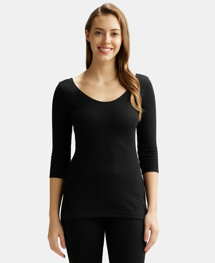 Super Combed Cotton Rich Three Quarter Sleeve Thermal Set with StayWarm Technology - Black