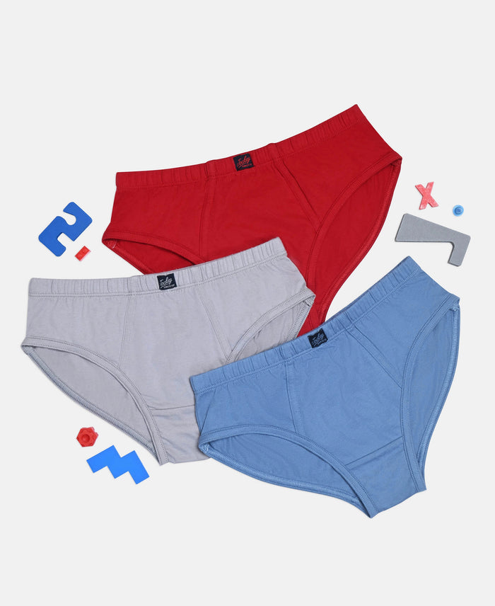 Super Combed Cotton Solid Brief with Ultrasoft Waistband - Coronet Blue, Chilli Pepper & Sleet (Pack of 3)