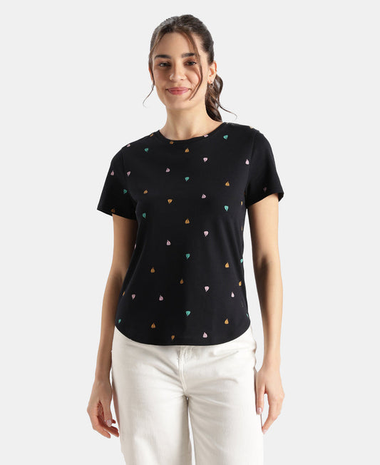 Super Combed Cotton Stretch Regular Fit Printed Half Sleeve T-Shirt - Black