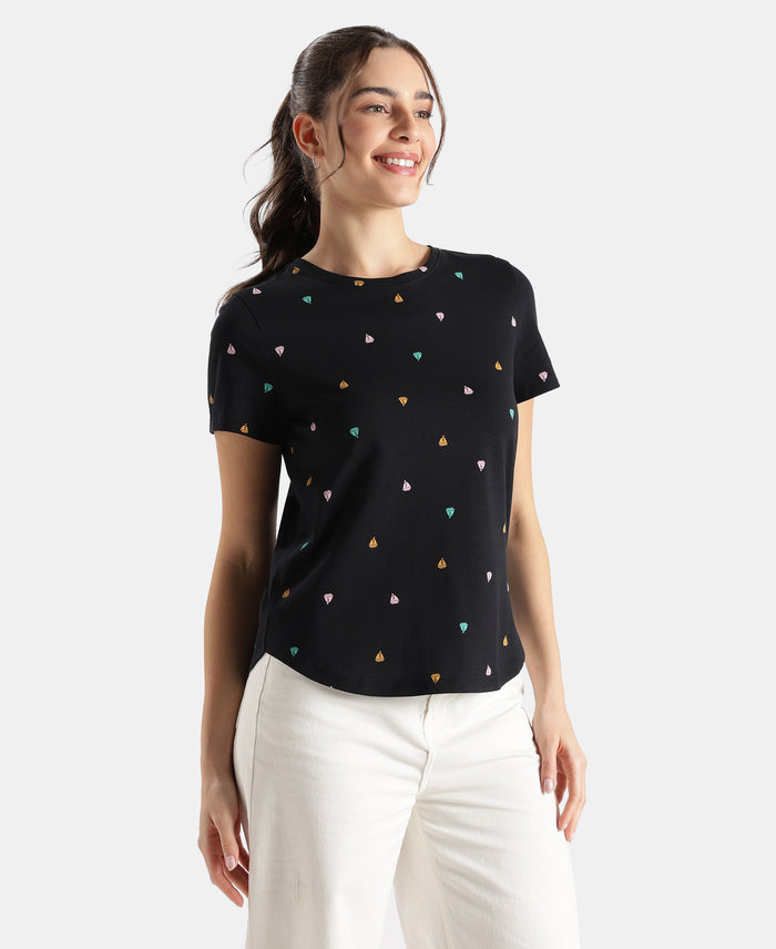 Super Combed Cotton Stretch Regular Fit Printed Half Sleeve T-Shirt - Black
