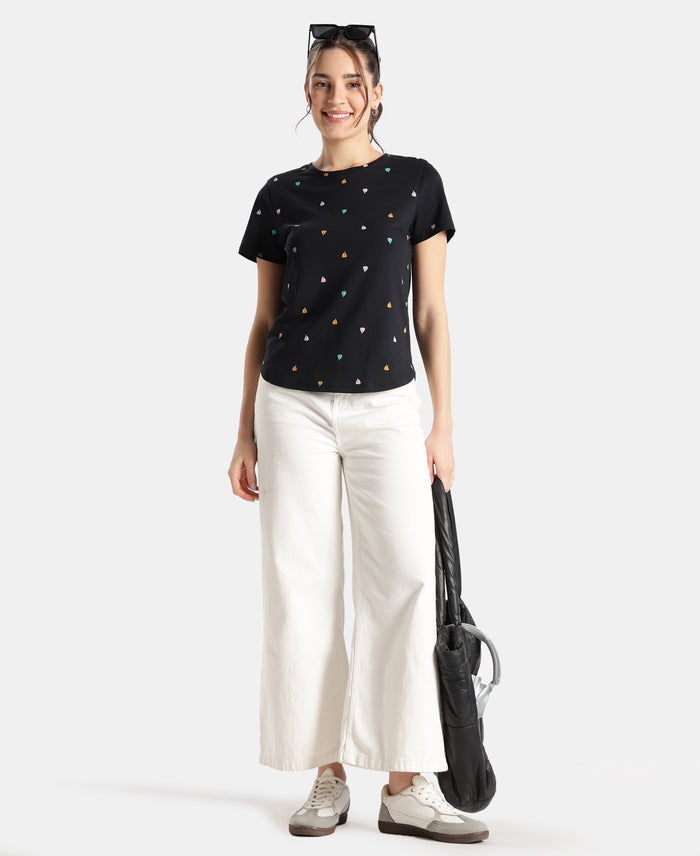 Super Combed Cotton Stretch Regular Fit Printed Half Sleeve T-Shirt - Black