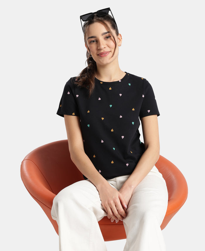Super Combed Cotton Stretch Regular Fit Printed Half Sleeve T-Shirt - Black