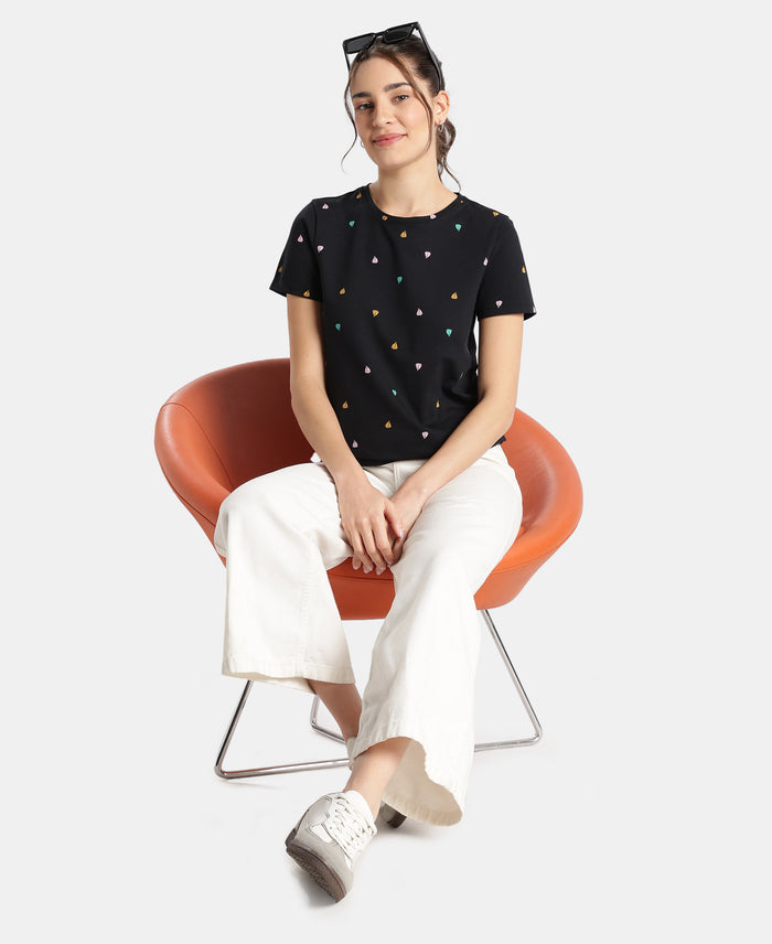 Super Combed Cotton Stretch Regular Fit Printed Half Sleeve T-Shirt - Black