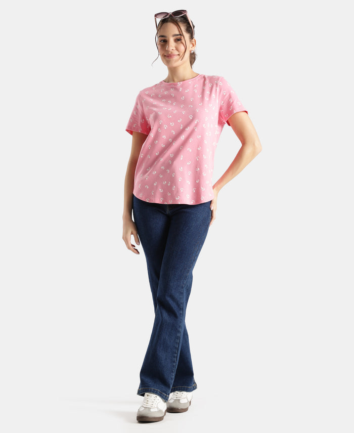 Super Combed Cotton Stretch Regular Fit Printed Half Sleeve T-Shirt - Plumeria
